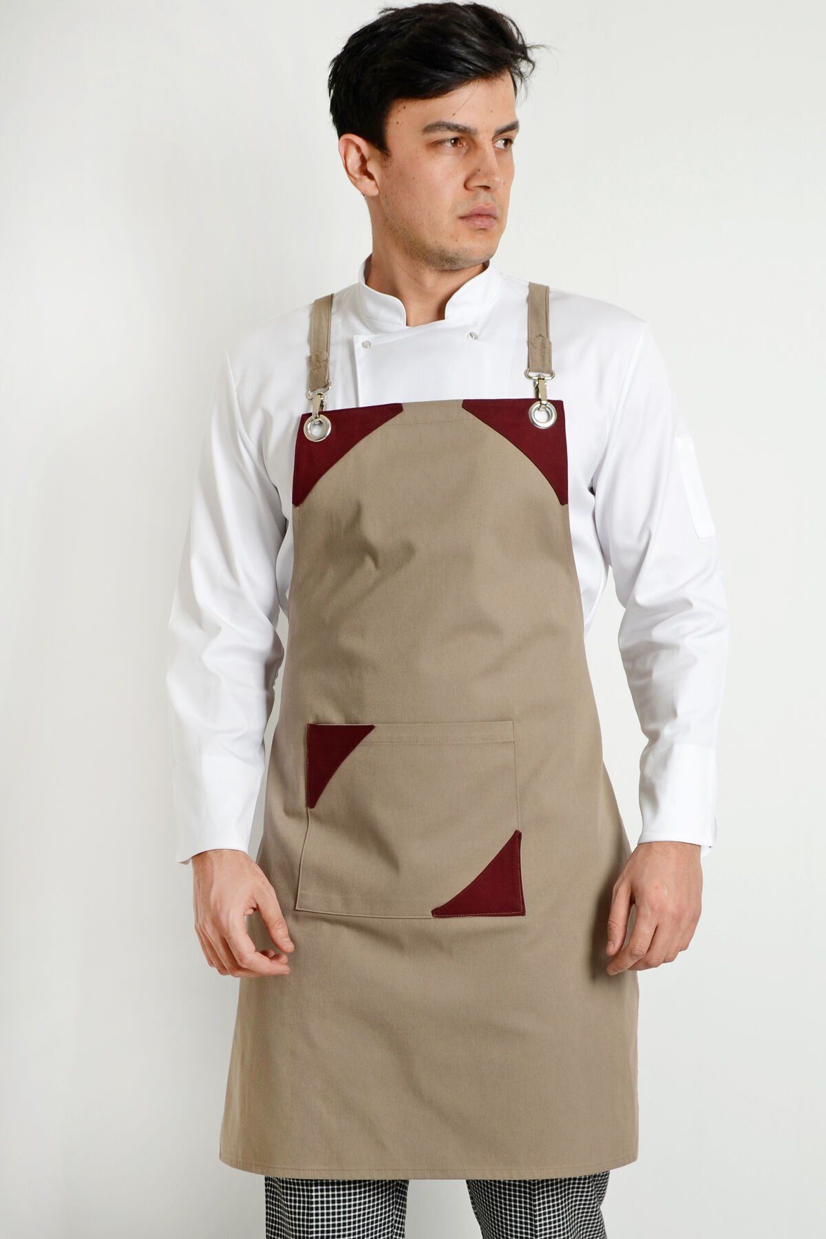 Chef Bej Bordo Modelli Askılı Önlük