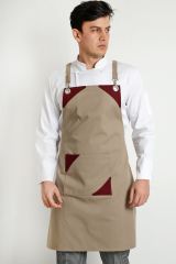 Chef Bej Bordo Modelli Askılı Önlük