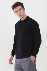 Polo Yaka İki İplik Siyah Sweatshirt iki İplik Şardonlu