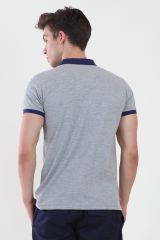 Polo Yaka Gri Melanj Tshirt Yaka Ve Kol Ribanası Lacivert