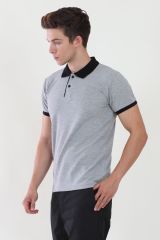 Polo Yaka Gri Melanj Tshirt Yaka Ve Kol Ribanası Siyah