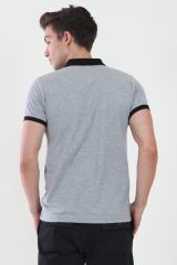 Polo Yaka Gri Melanj Tshirt Yaka Ve Kol Ribanası Siyah