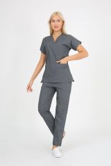 Doktor Hemşire Forması Gri Melanj  Scrubs Takım Terikoton Unisex