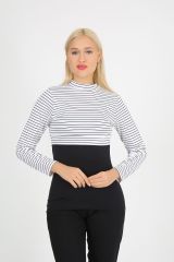 Crop Likralı Beyaz Siyah Çizgili Crop İçlik