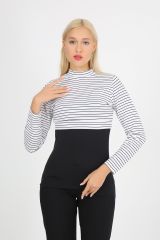 Crop Likralı Beyaz Siyah Çizgili Crop İçlik