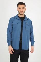 Mavi Fermuarlı Cepli Ultra Likralı Relax Outdoor Taktik Gömlek